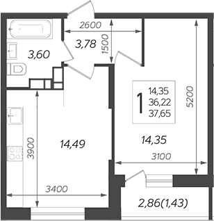 1-комн., 36.22 м², 12/19 этаж, ЖК «Смородина»