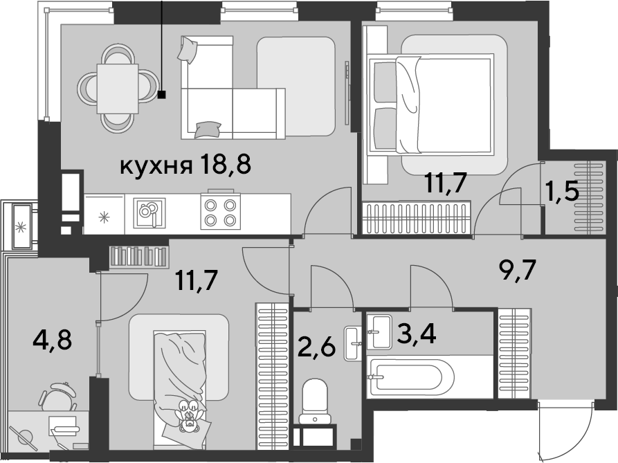3-комн., 59.4 м², 15/18 этаж, ЖК «Парк Победы»