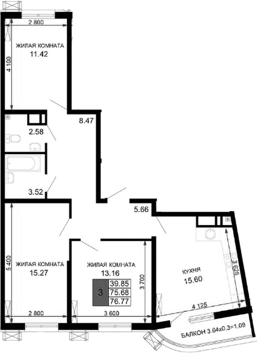 4+ комнаты, 75.68 м², 16/24 этаж, ЖК «Фонтаны»