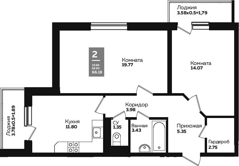 2-комн., 59.12 м², 3/24 этаж, ЖК «Левада»
