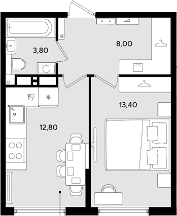 1-комн., 38 м², 15/18 этаж, ЖК «Порто-Ново»