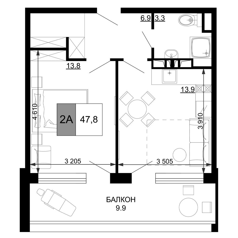 2-комн., 37.9 м², 2/9 этаж, ЖК «Гостиничный комплекс Мореград»