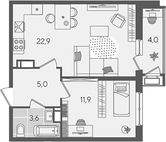 2-комн., 43.4 м², 11/24 этаж, ЖК «Рекорд»