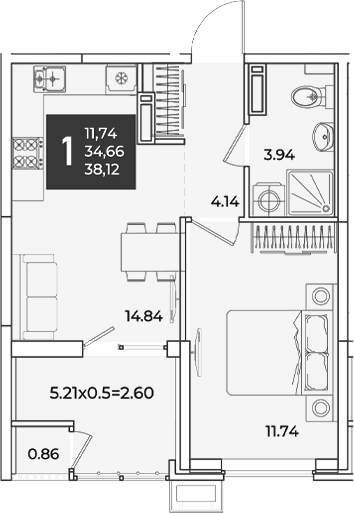 1-комн., 34.66 м², 16/18 этаж, ЖК «Образцово»