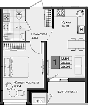 1-комн., 36.6 м², 3/8 этаж, ЖК «МОНО квартал»