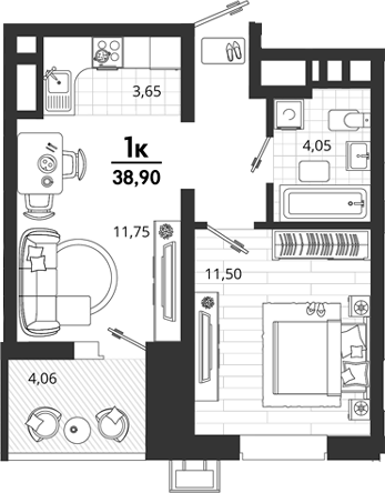1-комн., 34.84 м², 9/18 этаж, ЖК «Родные Просторы»