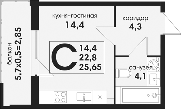 Студия, 22.8 м², 1/4 этаж, ЖК «Новая Елизаветка»