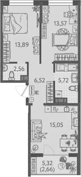 2-комн., 57.31 м², 2/9 этаж, ЖК «Друзья»