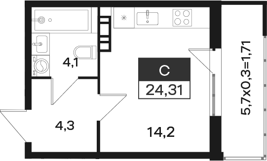 Студия, 22.6 м², 4/4 этаж, ЖК «Новая Елизаветка»