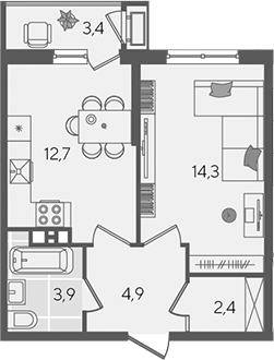 1-комн., 38.2 м², 3/24 этаж, ЖК «Рекорд»