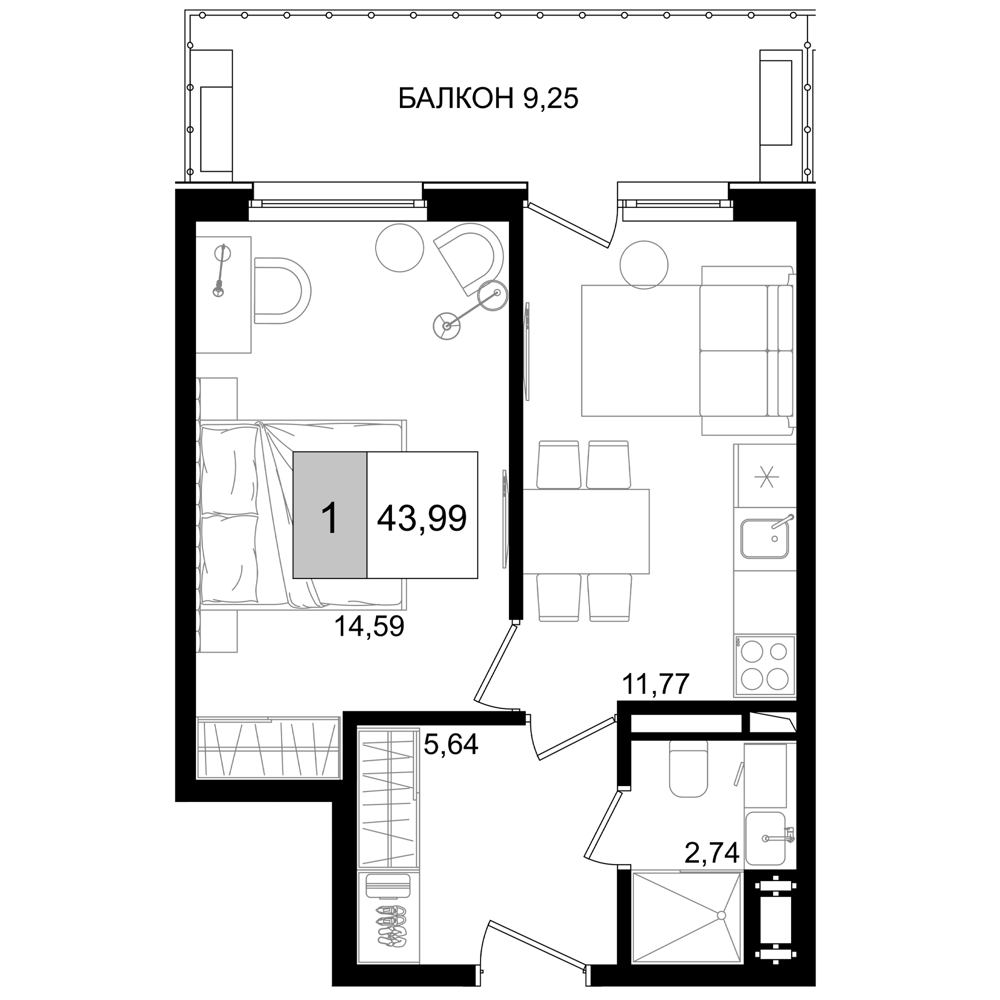 2-комн., 34.74 м², 7/8 этаж, ЖК «IT гостиничный комплекс Корсаков»