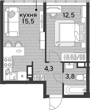 1-комн., 36.1 м², 15/16 этаж, ЖК «DОГМА ПАРК»