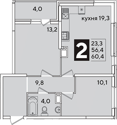 3-комн., 56.4 м², 13/16 этаж, ЖК «Самолет»