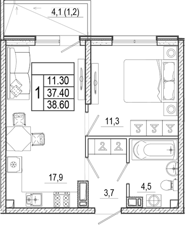 2-комн., 37.4 м², 12/15 этаж, ЖК «Лестория»