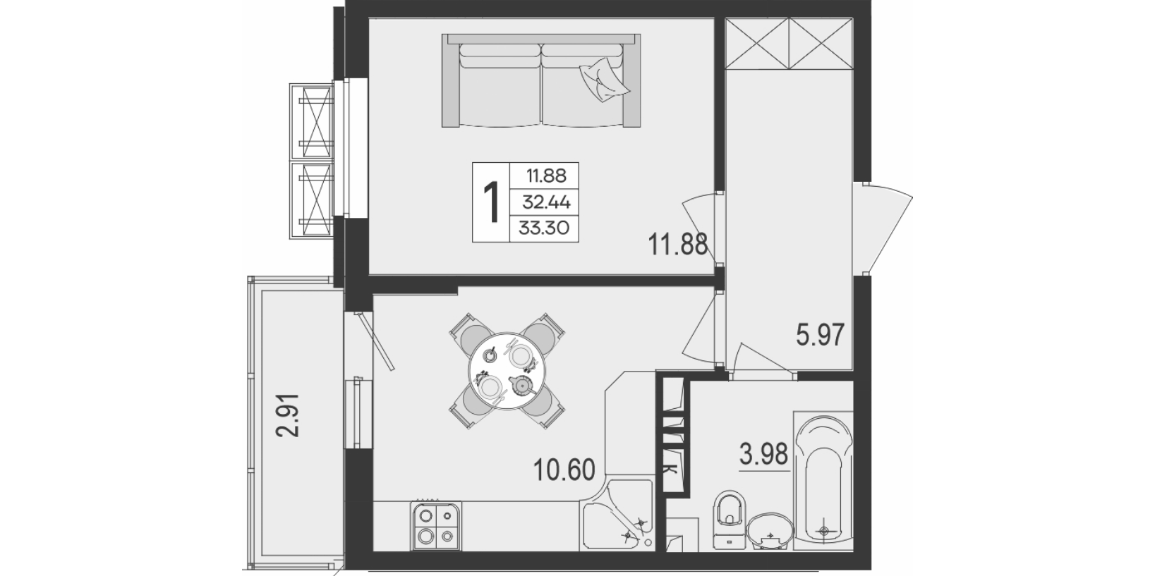Продается 1-комн. квартира, 32.43 м²