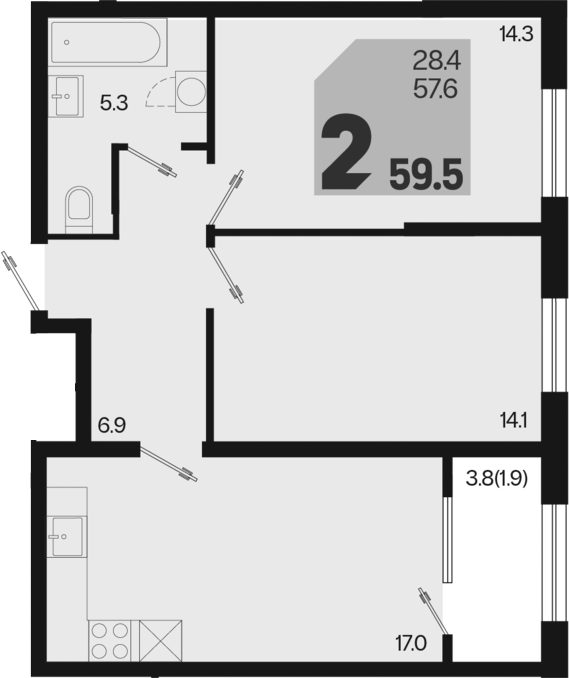 Продается 2-комн. квартира, 57.6 м²