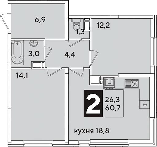 3-комн., 60.7 м², 11/16 этаж, ЖК «Самолет»