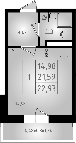 Продается 1-комн. квартира, 21.59 м²