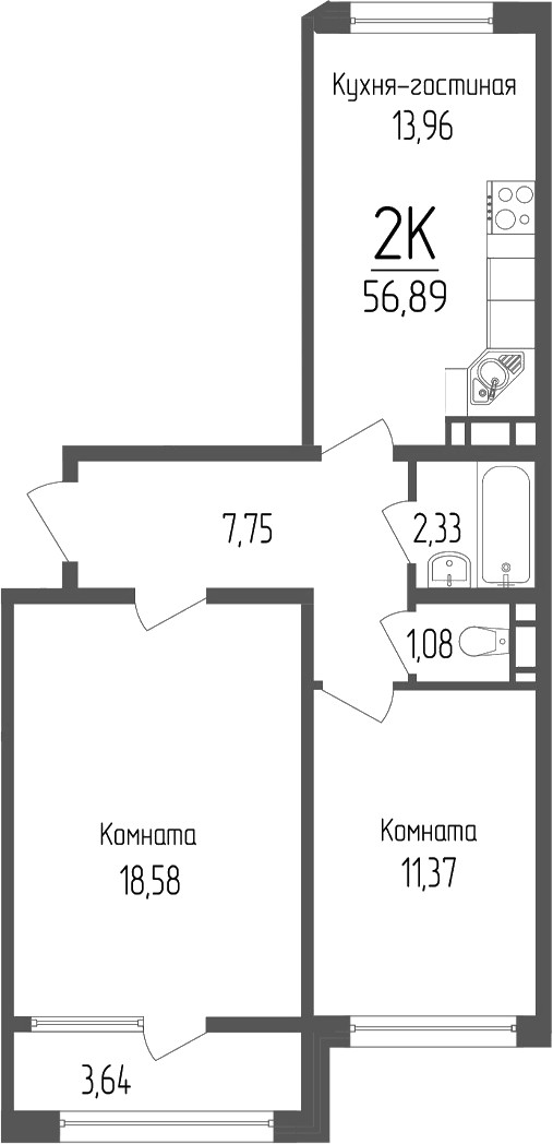 2-комн., 55.07 м², 6/16 этаж, ЖК «Портрет 2»