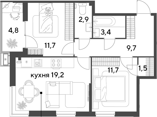 3-комн., 60.1 м², 2/18 этаж, ЖК «Парк Победы»