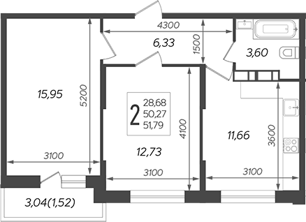 2-комн., 50.27 м², 13/19 этаж, ЖК «Смородина»