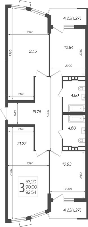 3-комн., 90 м², 20/21 этаж, ЖК «Режиссер»