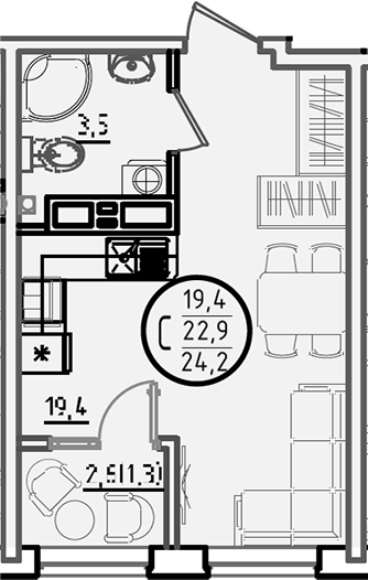 Студия, 22.9 м², 12/18 этаж, ЖК «Первое место»