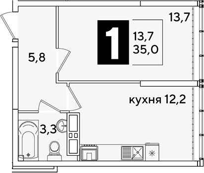 1-комн., 35 м², 15/16 этаж, ЖК «Самолет»