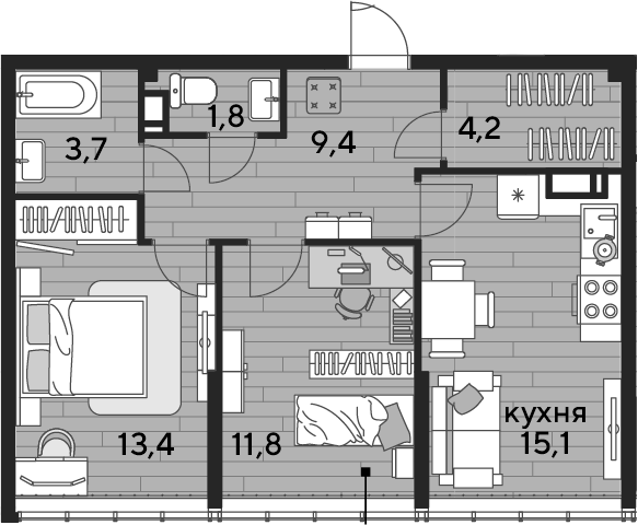 2-комн., 59.4 м², 15/16 этаж, ЖК «DОГМА ПАРК»