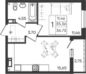 1-комн., 35.35 м², 5/9 этаж, ЖК «Дом 101»
