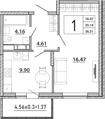 Продается 1-комн. квартира, 35.14 м²