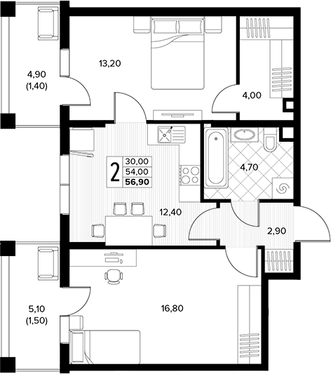 2-комн., 54 м², 1/7 этаж, ЖК «Кипарис»