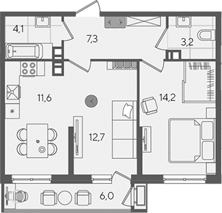 2-комн., 52.8 м², 9/24 этаж, ЖК «Рекорд»