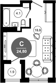 Студия, 22.9 м², 4/10 этаж, ЖК «Гостиничный комплекс GREENMONT»