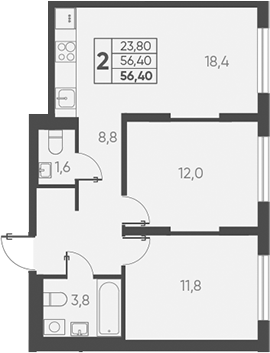 Продается 2-комн. квартира, 56.4 м²