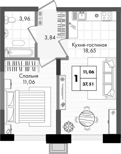 2-комн., 37.51 м², 8/9 этаж, ЖК «Зеленая территория»