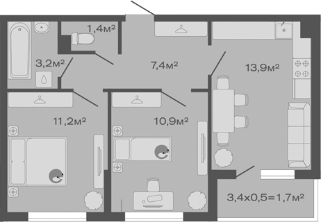 2-комн., 48 м², 3/4 этаж, ЖК «Дзенпарк»