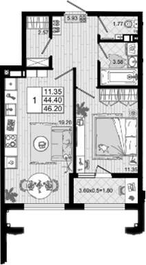 1-комн., 44.4 м², 6/8 этаж, ЖК «Резиденция морей»