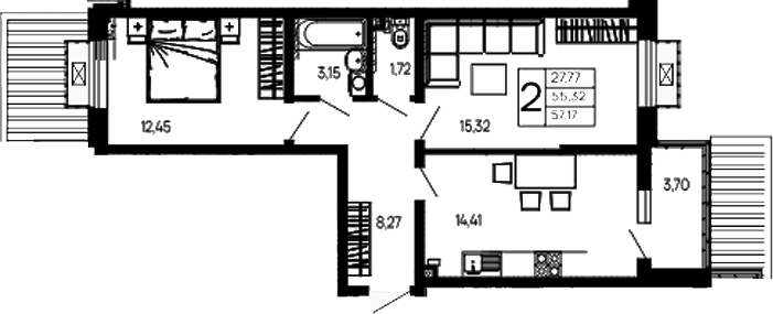 Продается 2-комн. квартира, 55.32 м²