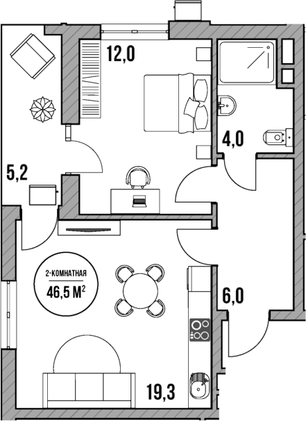 2-комн., 41.3 м², 4/5 этаж, ЖК «МореТут»