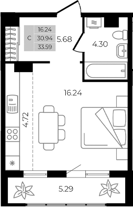 Студия, 30.94 м², 1/8 этаж, ЖК «Курортный регион»