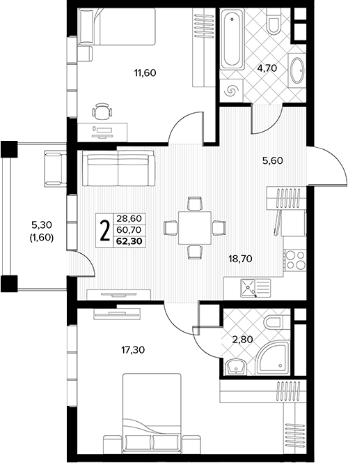 2-комн., 60.7 м², 5/6 этаж, ЖК «Кипарис»