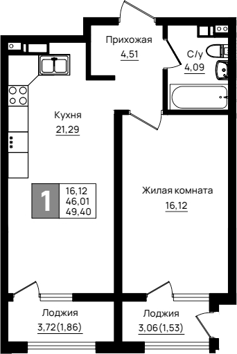 1-комн., 46.01 м², 2/9 этаж, ЖК «Резиденция морей»