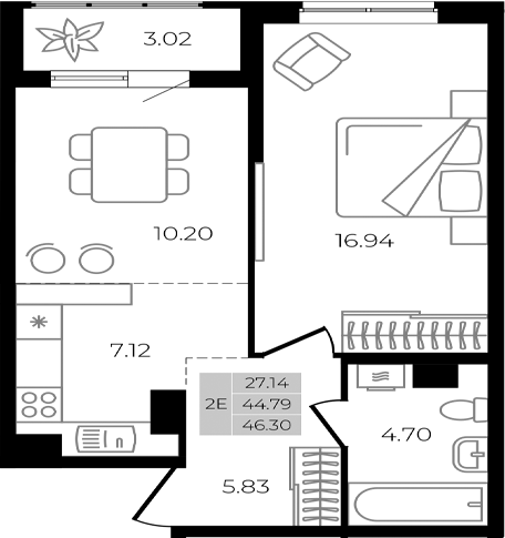 Продается 2-комн. квартира, 44.79 м²