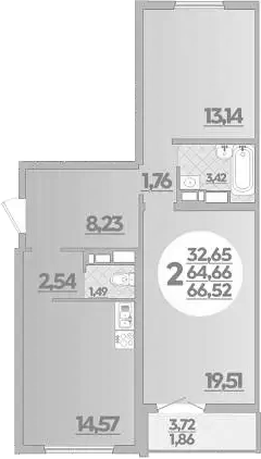 2-комн., 64.66 м², 1/16 этаж, ЖК «Город у моря»