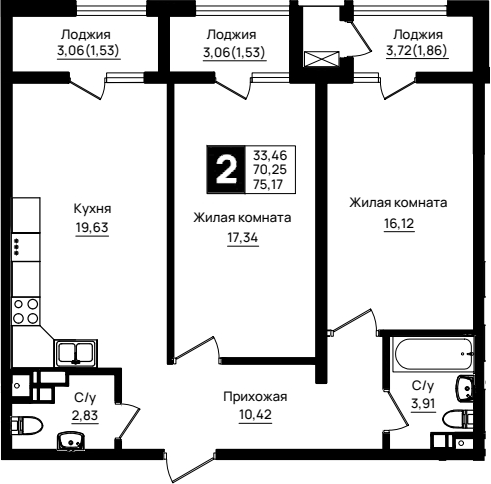 2-комн., 70.25 м², 5/9 этаж, ЖК «Резиденция морей»