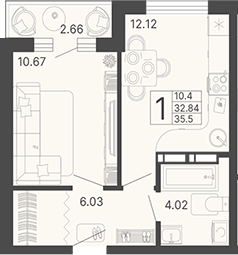 1-комн., 32.84 м², 13/17 этаж, ЖК «Светский лес»