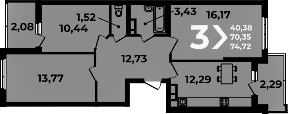 3-комн., 70.35 м², 16/19 этаж, ЖК «Аксиома»