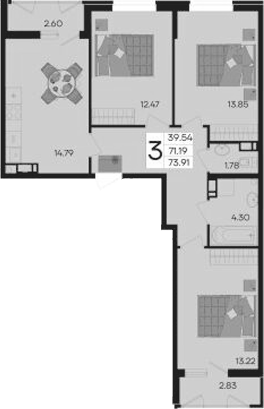 3-комн., 71.19 м², 4/9 этаж, ЖК «Дом 101»