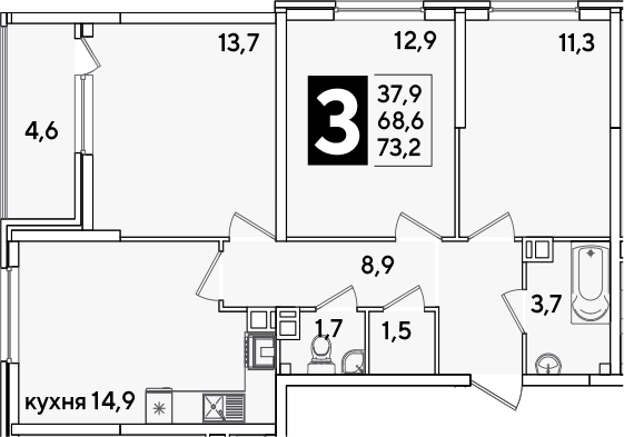 3-комн., 68.6 м², 6/16 этаж, ЖК «Самолет»